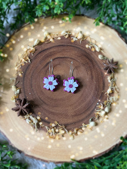 Purple + White Flower Hoop Earrings