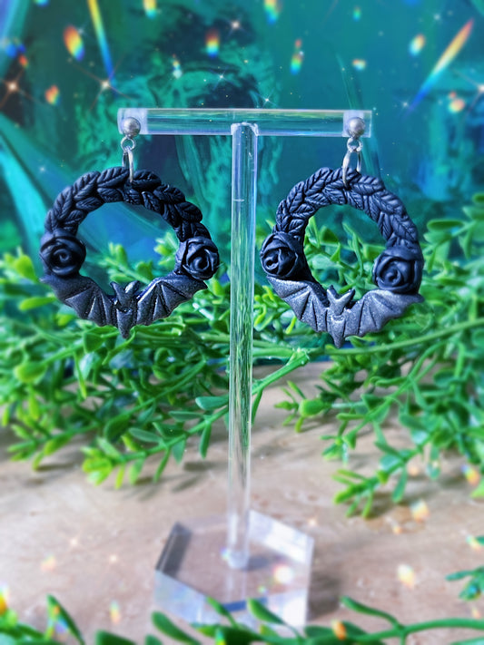 Bat Wreath ball post Clay Earrings