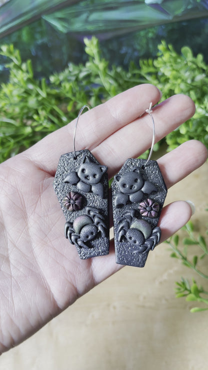 Bat and Spider Coffin Hoop Clay Earrings