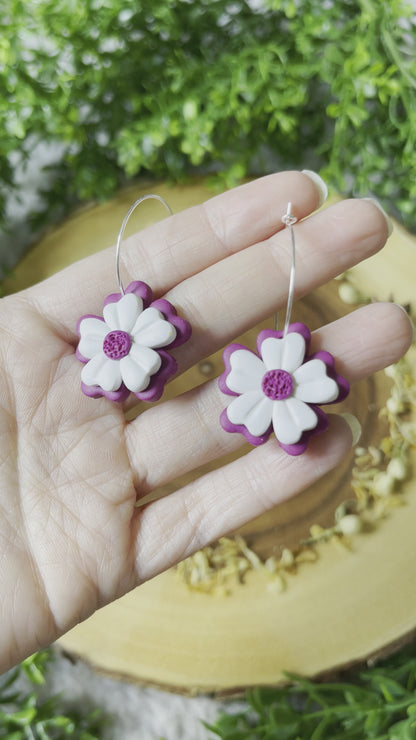 Purple + White Flower Hoop Earrings