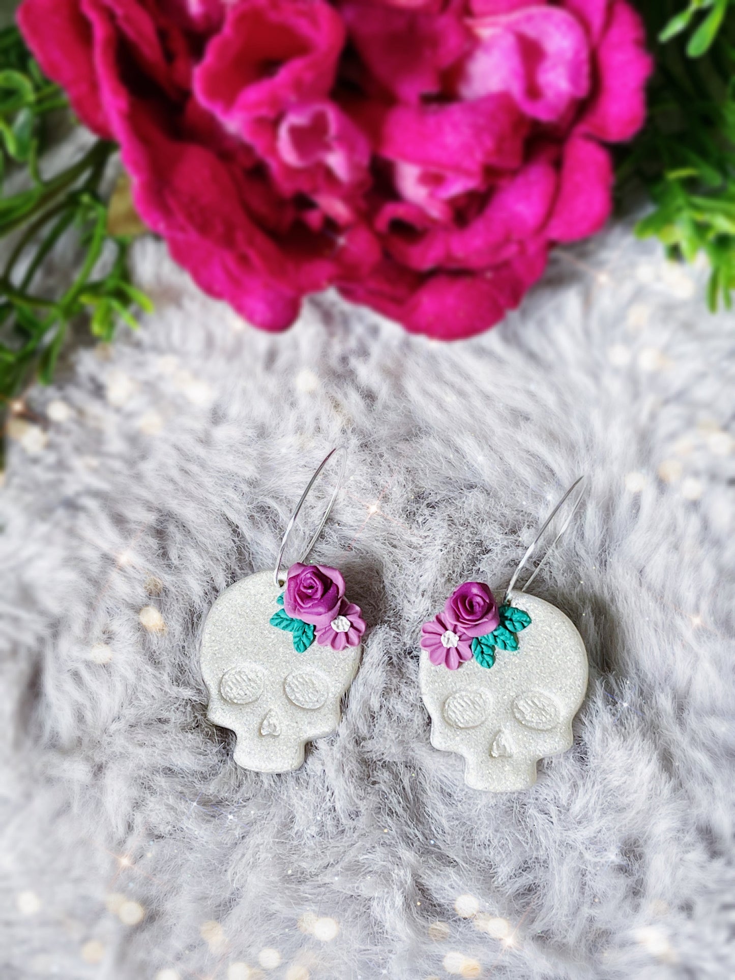 Floral Skull Clay Earrings