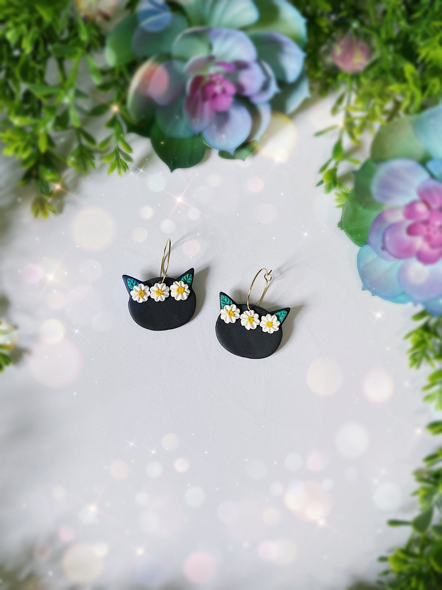 Floral Black Cat Hoops Earrings